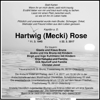 Traueranzeige von Hartwig Rose von Nordwest-Zeitung