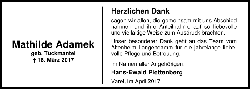  Traueranzeige für Mathilde Adamek vom 22.04.2017 aus Nordwest-Zeitung