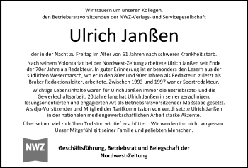 Traueranzeige von Ulrich Janßen von NWZ