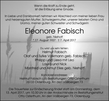 Traueranzeige von Eleonore Fabisch von Nordwest-Zeitung