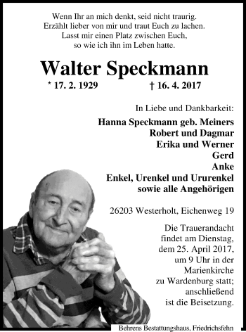 Traueranzeige von Walter Speckmann von Nordwest-Zeitung