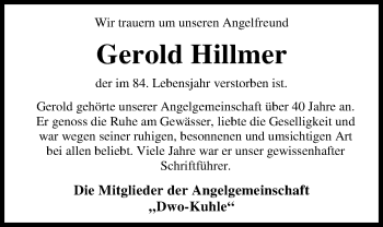 Traueranzeige von Gerold Hillmer von Nordwest-Zeitung