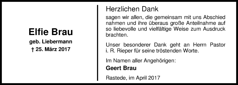  Traueranzeige für Elfie Brau vom 22.04.2017 aus Nordwest-Zeitung