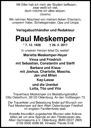 Traueranzeige von Paul Meskemper von Nordwest-Zeitung