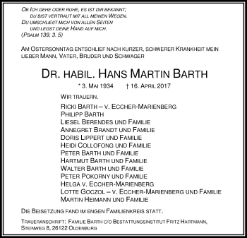 Traueranzeige von Hans Martin Barth von Nordwest-Zeitung