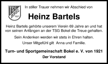 Traueranzeige von Heinz Bartels von Nordwest-Zeitung