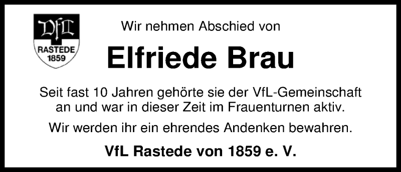  Traueranzeige für Elfie Brau vom 03.04.2017 aus Nordwest-Zeitung