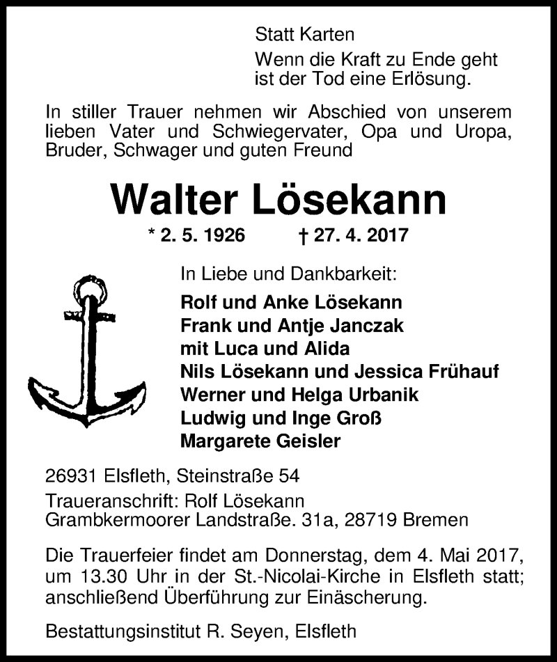  Traueranzeige für Walter Lösekann vom 29.04.2017 aus Nordwest-Zeitung