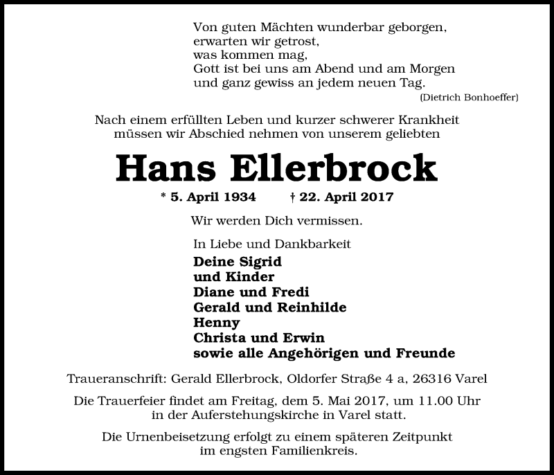  Traueranzeige für Hans Ellerbrock vom 29.04.2017 aus Nordwest-Zeitung