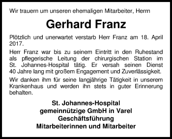 Traueranzeige von Gerhard Franz von Nordwest-Zeitung