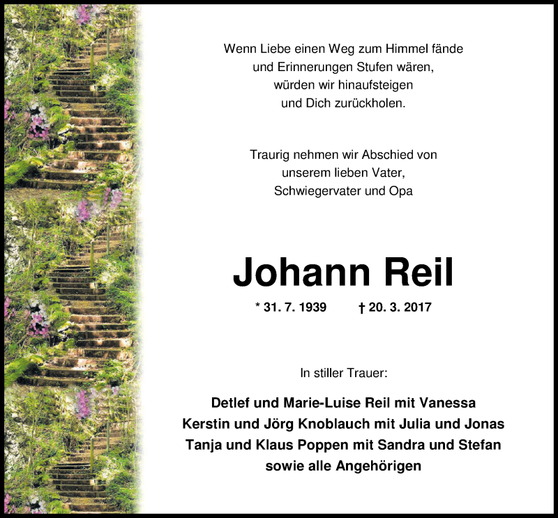  Traueranzeige für Johann Reil vom 01.04.2017 aus Nordwest-Zeitung