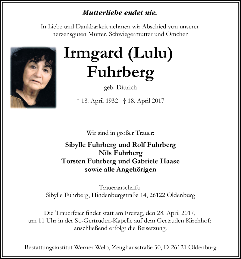  Traueranzeige für Irmgard Fuhrberg vom 22.04.2017 aus Nordwest-Zeitung