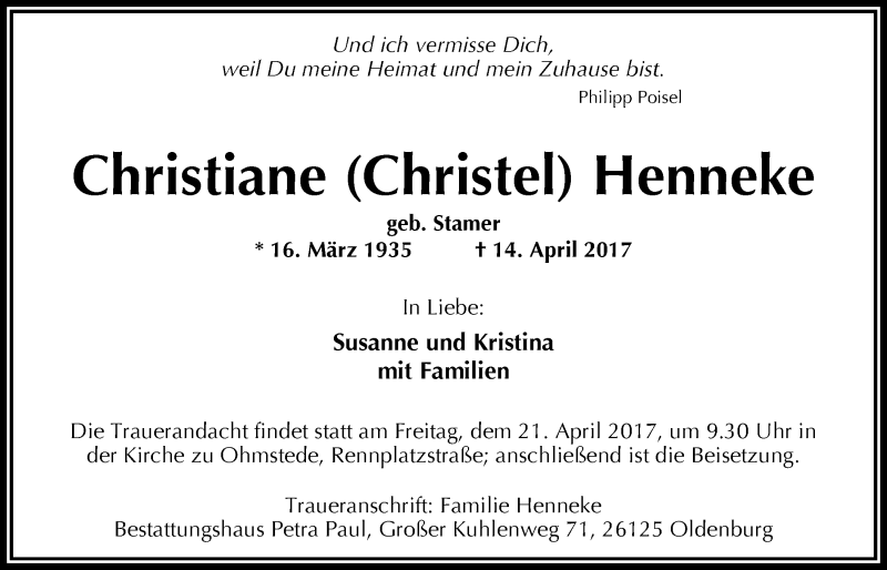  Traueranzeige für Christiane (Christel) Henneke vom 20.04.2017 aus Nordwest-Zeitung