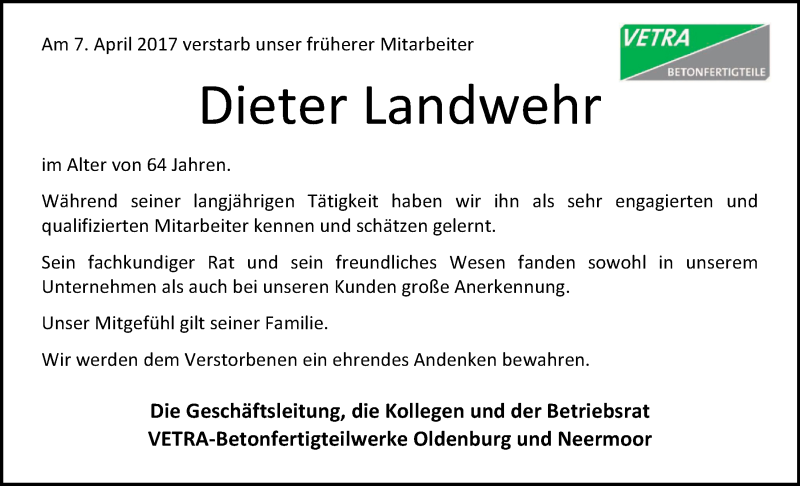  Traueranzeige für Dieter Landwehr vom 15.04.2017 aus Nordwest-Zeitung