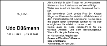 Traueranzeige von Udo Düßmann von Nordwest-Zeitung
