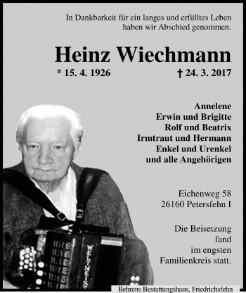 Traueranzeige von Heinz Wiechmann von Nordwest-Zeitung