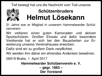 Traueranzeige von Helmut Johann Lösekann von Nordwest-Zeitung
