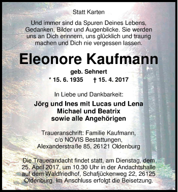 Traueranzeige von Eleonore Kaufmann von Nordwest-Zeitung