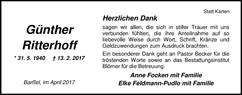  Traueranzeige für Günther Ritterhoff vom 08.04.2017 aus Nordwest-Zeitung