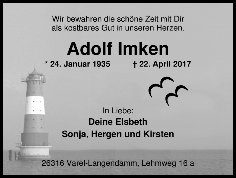  Traueranzeige für Adolf Imken vom 25.04.2017 aus Nordwest-Zeitung