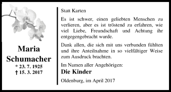 Traueranzeige von Maria Schumacher von Nordwest-Zeitung