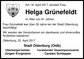 Traueranzeige von Helga Grünefeldt von Nordwest-Zeitung