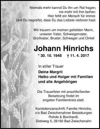 Traueranzeige von Johann Hinrichs von Nordwest-Zeitung