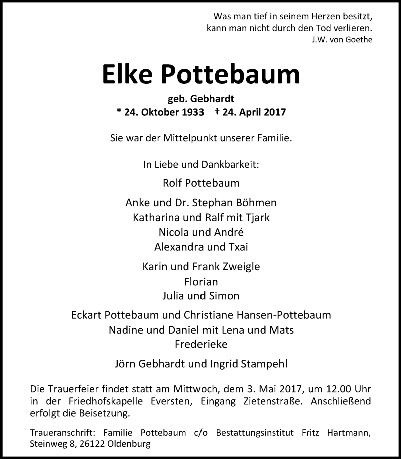  Traueranzeige für Elke Pottebaum vom 29.04.2017 aus Nordwest-Zeitung
