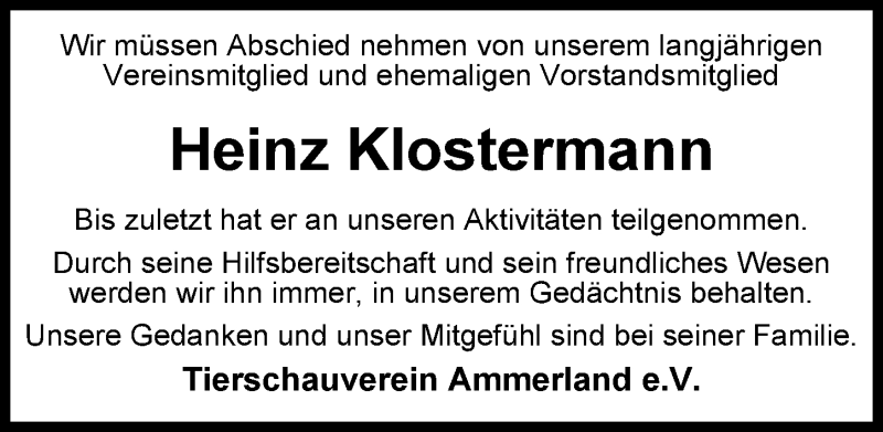  Traueranzeige für Heinz Klostermann vom 21.04.2017 aus Nordwest-Zeitung