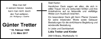 Traueranzeige von Walter Tretter von Nordwest-Zeitung