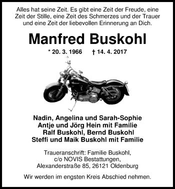 Traueranzeige von Manfred Buskohl von Nordwest-Zeitung