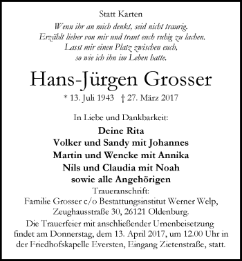 Traueranzeige von Hans-Jürgen Grosser von Nordwest-Zeitung