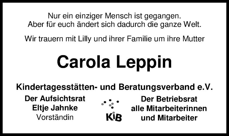  Traueranzeige für Carola Leppin vom 29.04.2017 aus Nordwest-Zeitung