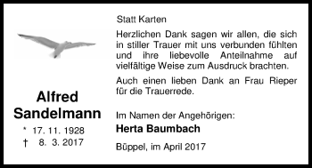 Traueranzeige von Alfred Sandelmann von Nordwest-Zeitung