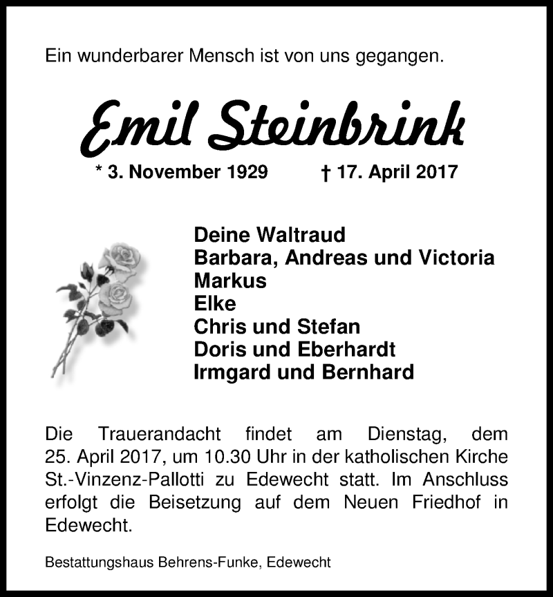  Traueranzeige für Emil Steinbrink vom 20.04.2017 aus Nordwest-Zeitung