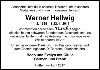 Traueranzeige von Werner Hellwig von Nordwest-Zeitung