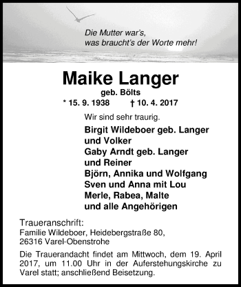 Traueranzeige von Maike Langer von Nordwest-Zeitung