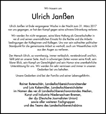 Traueranzeige von Ulrich Janßen von Nordwest-Zeitung