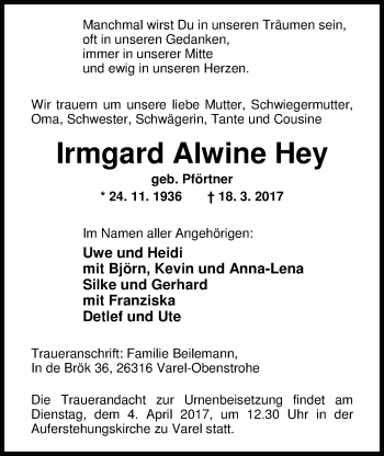 Traueranzeige von Irmgard Alwine Hey von Nordwest-Zeitung