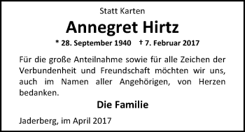 Traueranzeige von Annegret Hirtz von Nordwest-Zeitung