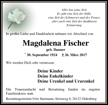 Traueranzeige von Magdalena Fischer von Nordwest-Zeitung
