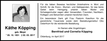 Traueranzeige von Käthe Köpping von Nordwest-Zeitung