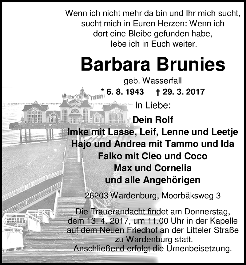  Traueranzeige für Barbara Brunies vom 08.04.2017 aus Nordwest-Zeitung