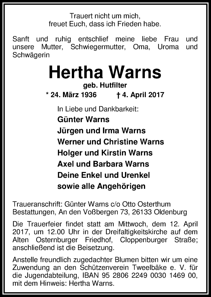  Traueranzeige für Hertha Warns vom 08.04.2017 aus Nordwest-Zeitung