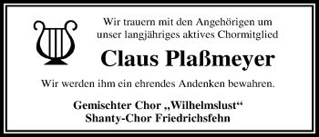Traueranzeige von Claus Plaßmeyer von Nordwest-Zeitung