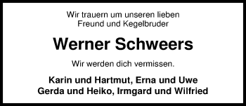 Traueranzeige von Werner Schweers von Nordwest-Zeitung