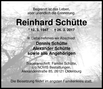 Traueranzeige von Reinhard Schütte von Nordwest-Zeitung