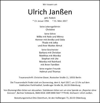Traueranzeige von Ulrich Janßen von NWZ