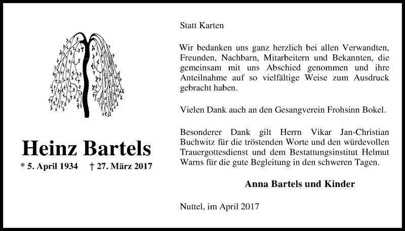  Traueranzeige für Heinz Bartels vom 29.04.2017 aus Nordwest-Zeitung