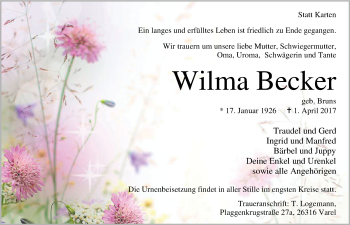 Traueranzeige von Wilma Becker von Nordwest-Zeitung